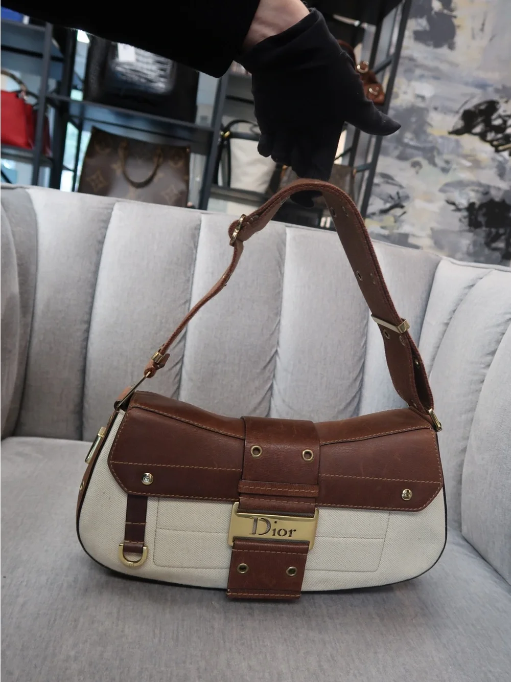 Dior Brown & Cream Canvas Shoulder Bag with Gold Hardware - Picture 9 of 10